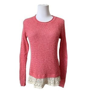 Hollister Crew Neck Pink Sweater Lace Shirttail Open Weave Modern sz Small